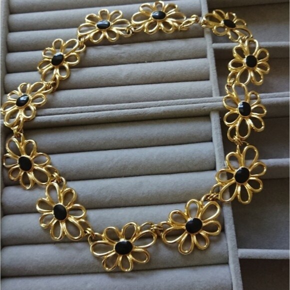 Gold tone Flower Design Runway Necklace - Picture 1 of 8
